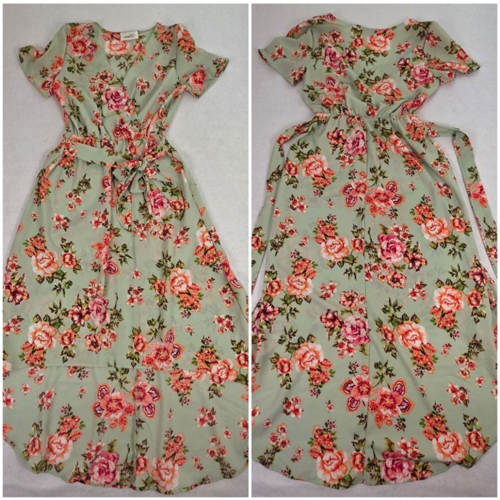 Minette Womens M High Low Dress Sage Green Floral Excellent Boho Maxi‎